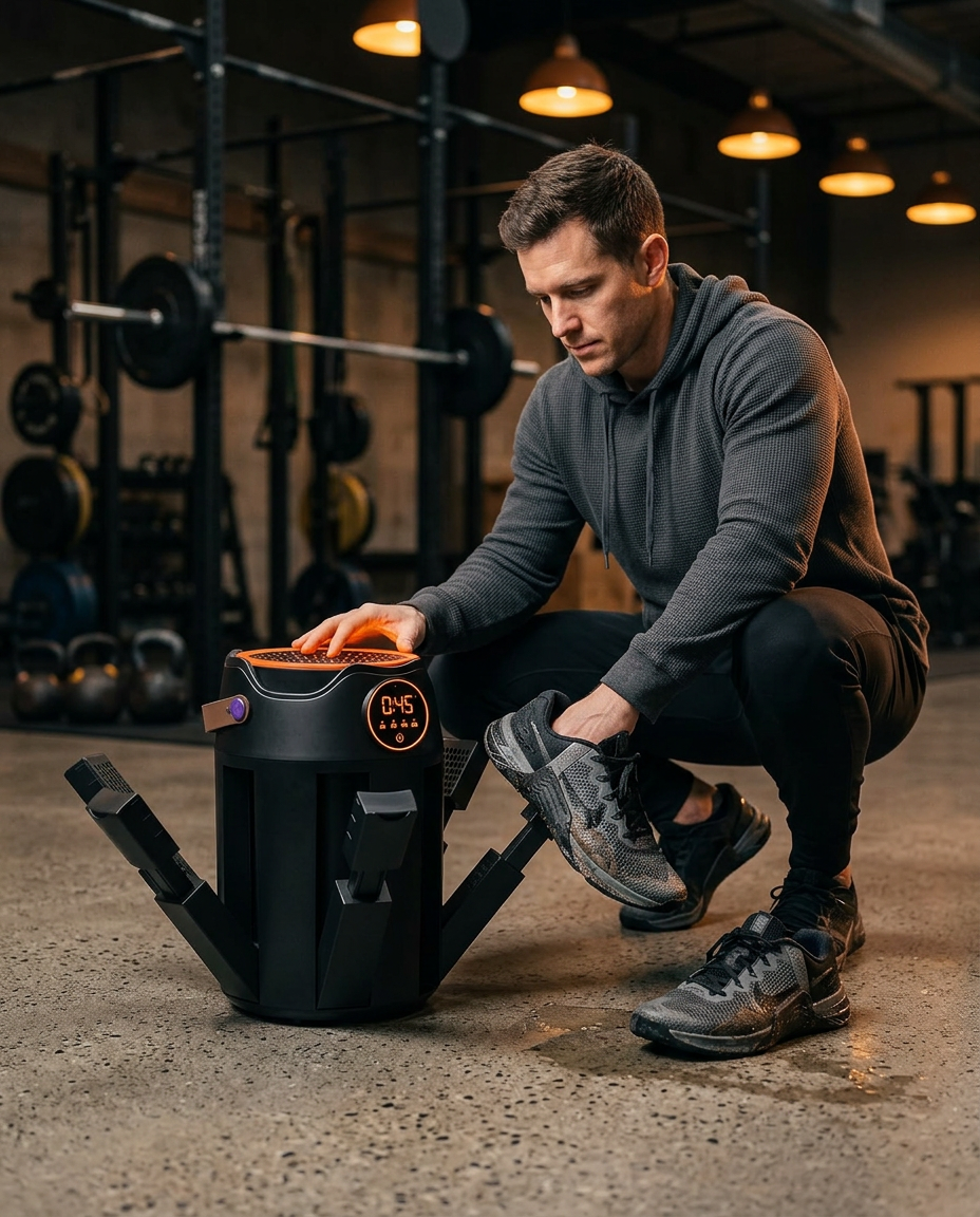 Athlete kneeling beside the shoe dryer drying trainers in a gym