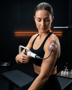 Athletic woman applying a cupping cup to her shoulder with the hand pump