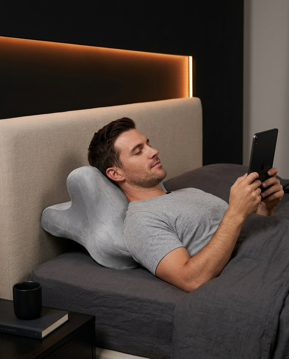 Man lying back in bed using a tablet, head and neck cradled by the grey pillow