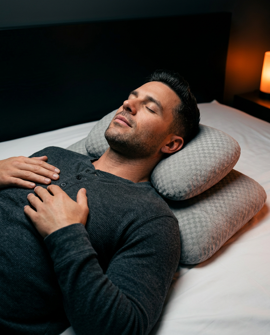 Man sleeping on his back with head cradled in the contoured grey sleep pillow
