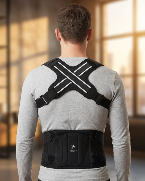 Back view of a man wearing the black posture brace over a grey shirt