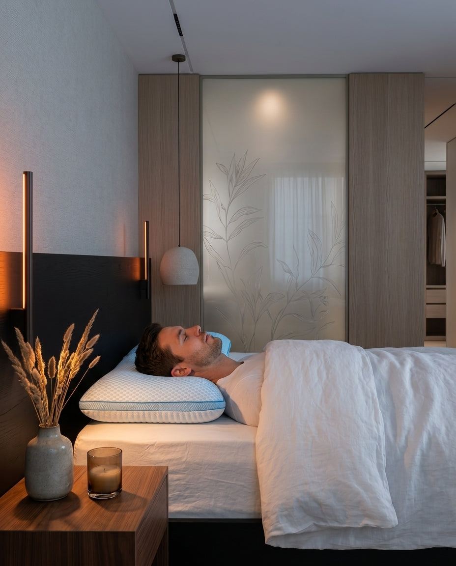 Man sleeping on his back on the memory foam pillow in a modern bedroom