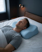Man back-sleeping on the blue cervical contour pillow on a bed