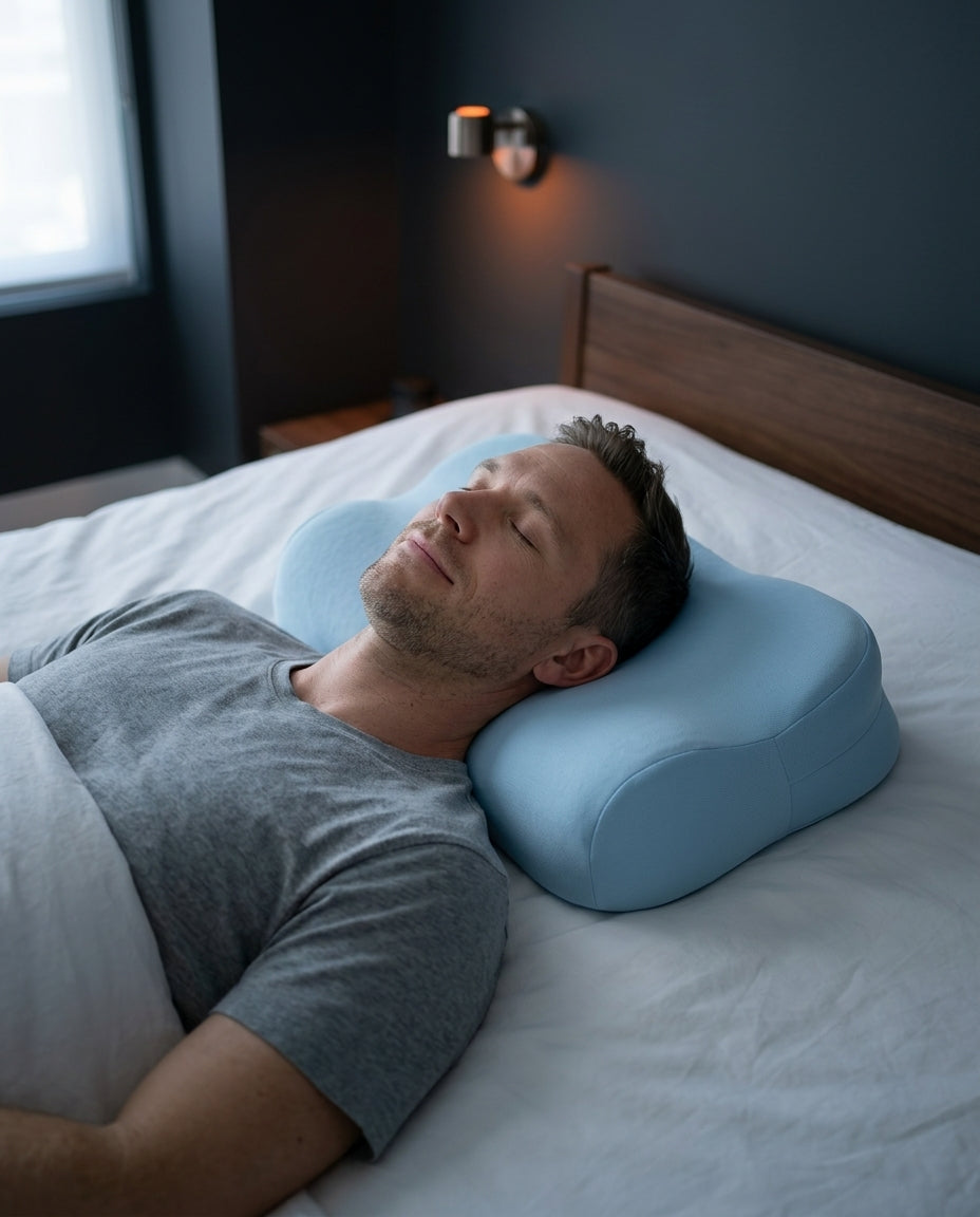 Man back-sleeping on the blue cervical contour pillow on a bed