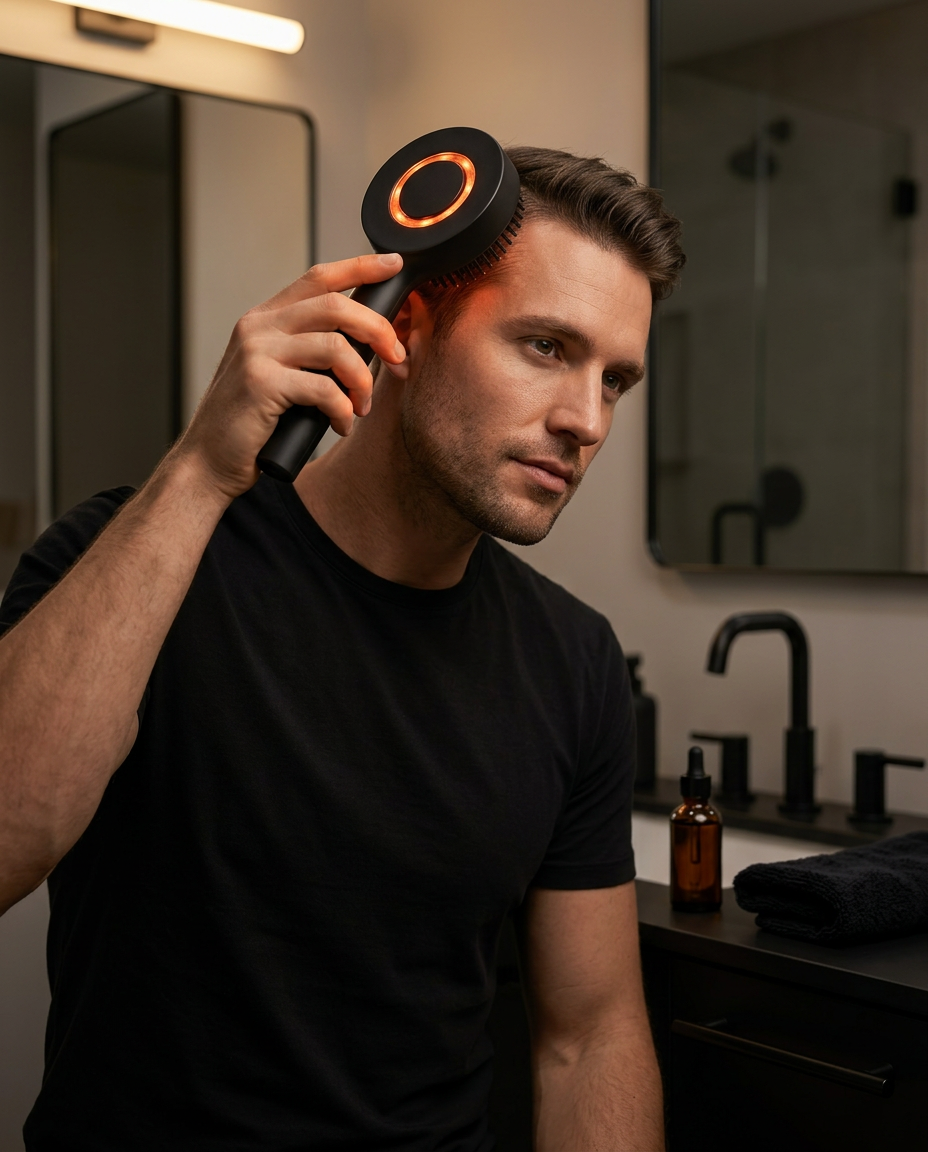 Man using the heated scalp massage brush on his head in a dark bathroom