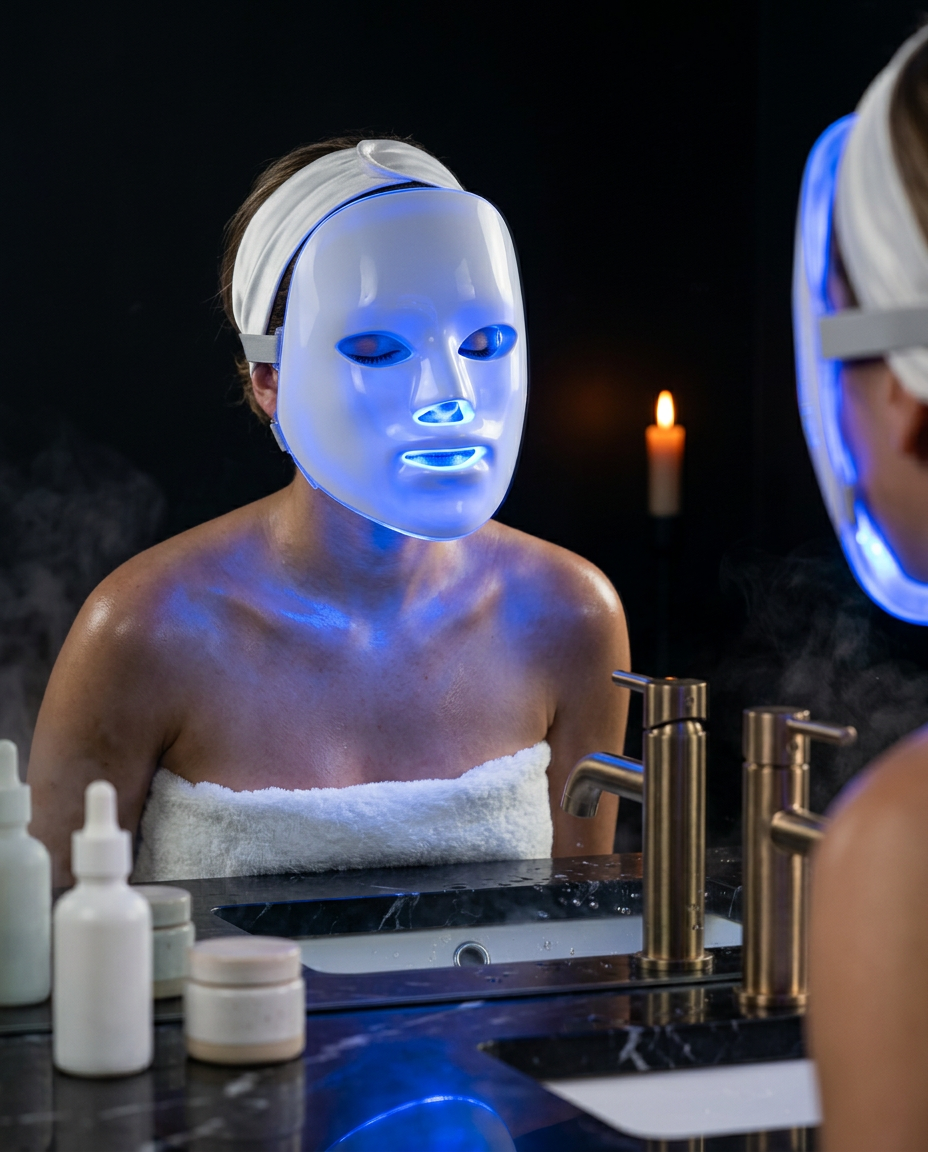 Woman wearing the blue-glowing LED face mask at a bathroom mirror