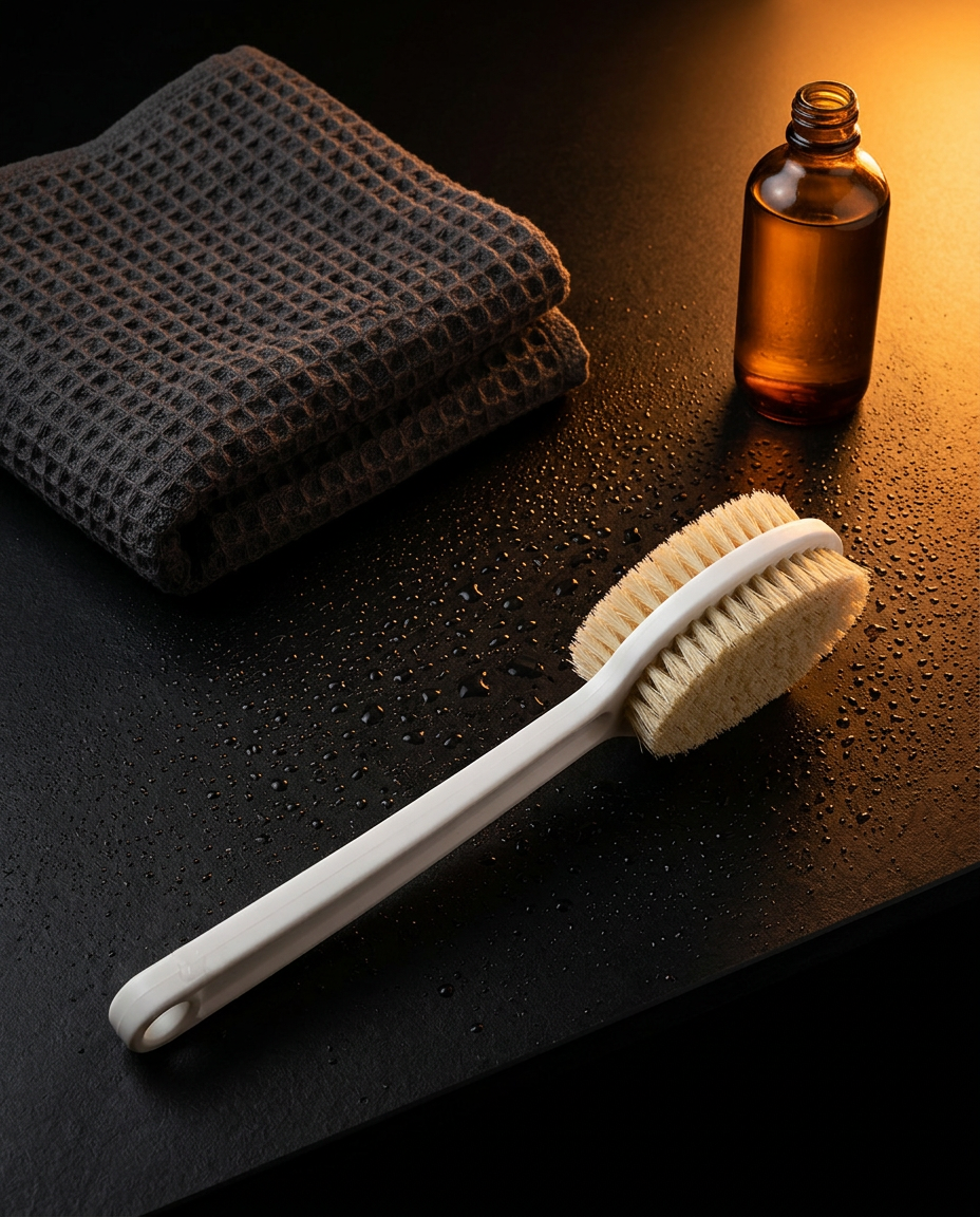 Body brush on a bathroom counter beside a towel and amber oil bottle