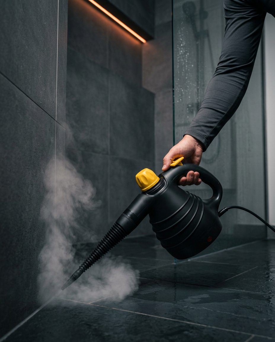 Person steam cleaning a dark tiled shower floor with rising steam