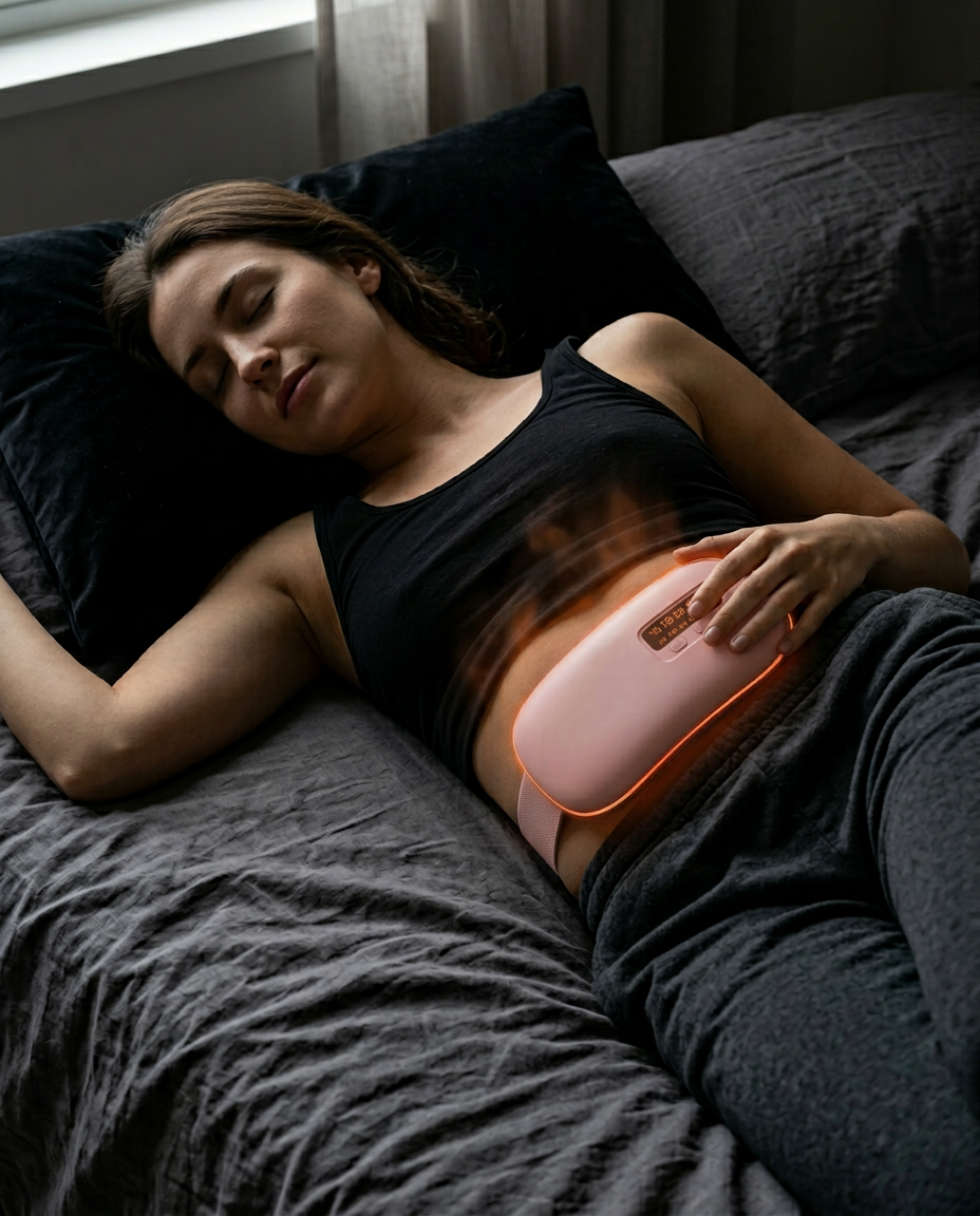 Woman in bed wearing the heated waist belt for cramp relief