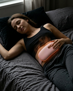 Woman in bed wearing the heated waist belt for cramp relief