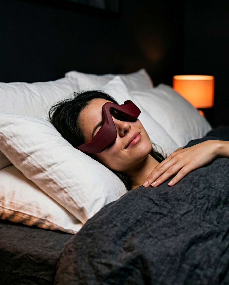Woman lying in bed at night wearing the heated eye massager to sleep