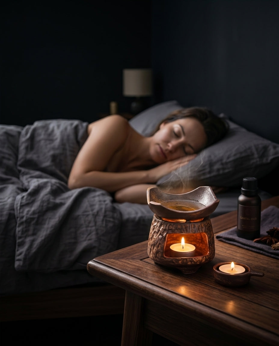 Ceramic burner glowing on a nightstand with a woman asleep in the bedroom