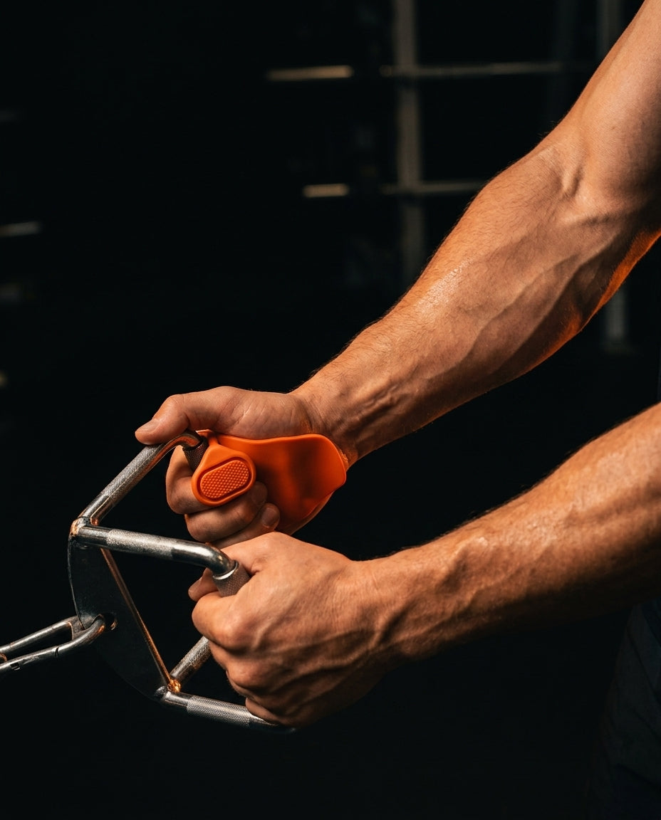 Athlete gripping cable row handle with orange weightlifting grip pads in gym