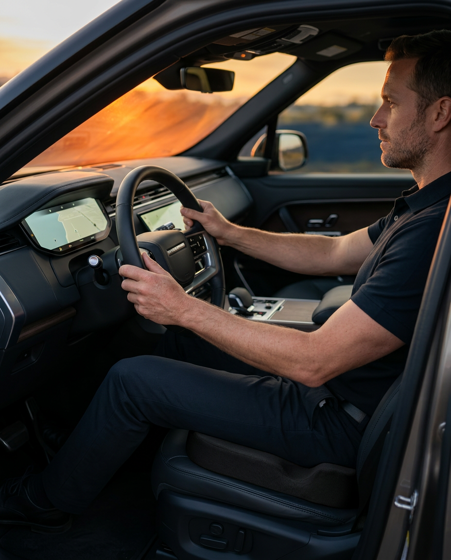 Man driving an SUV seated on the supportive memory foam seat cushion