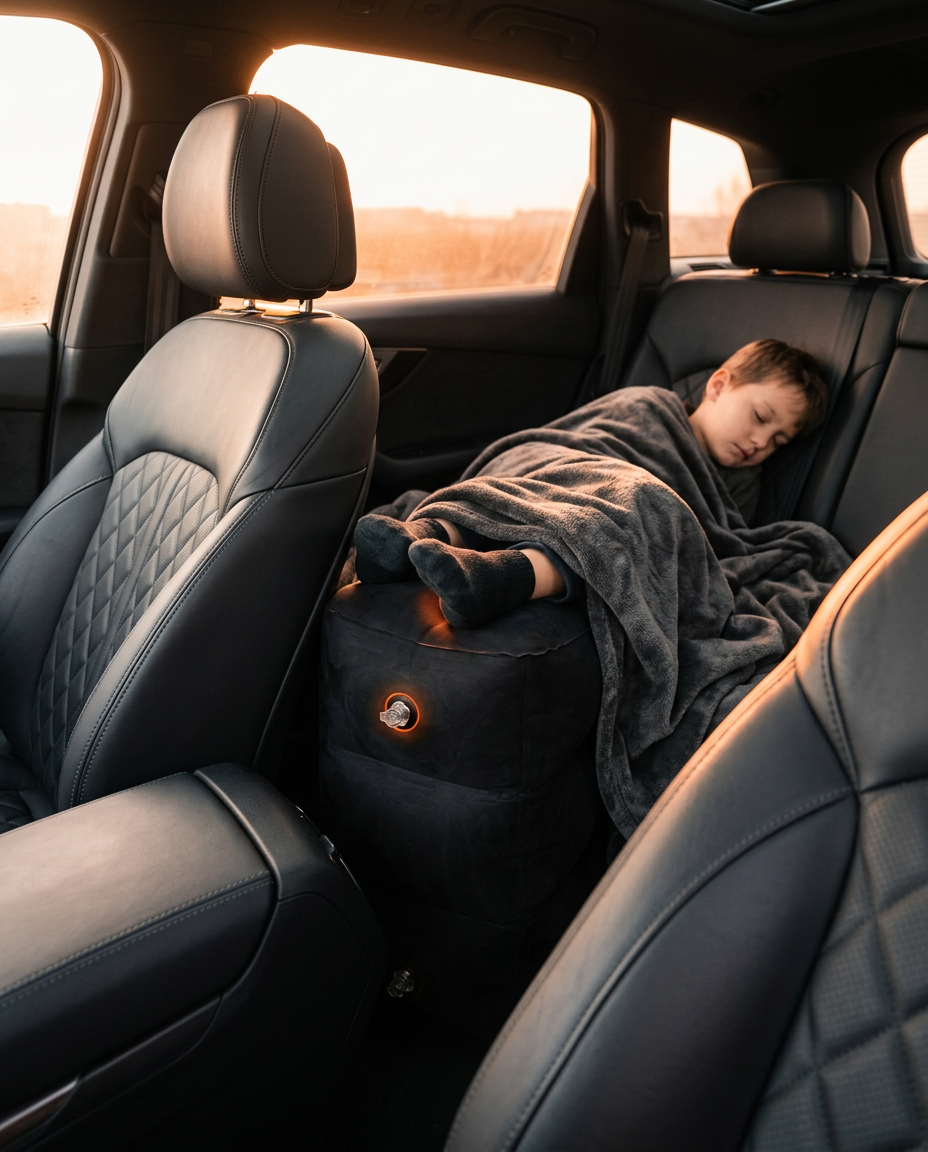 Child sleeping across a car back seat with the inflatable footrest filling the gap