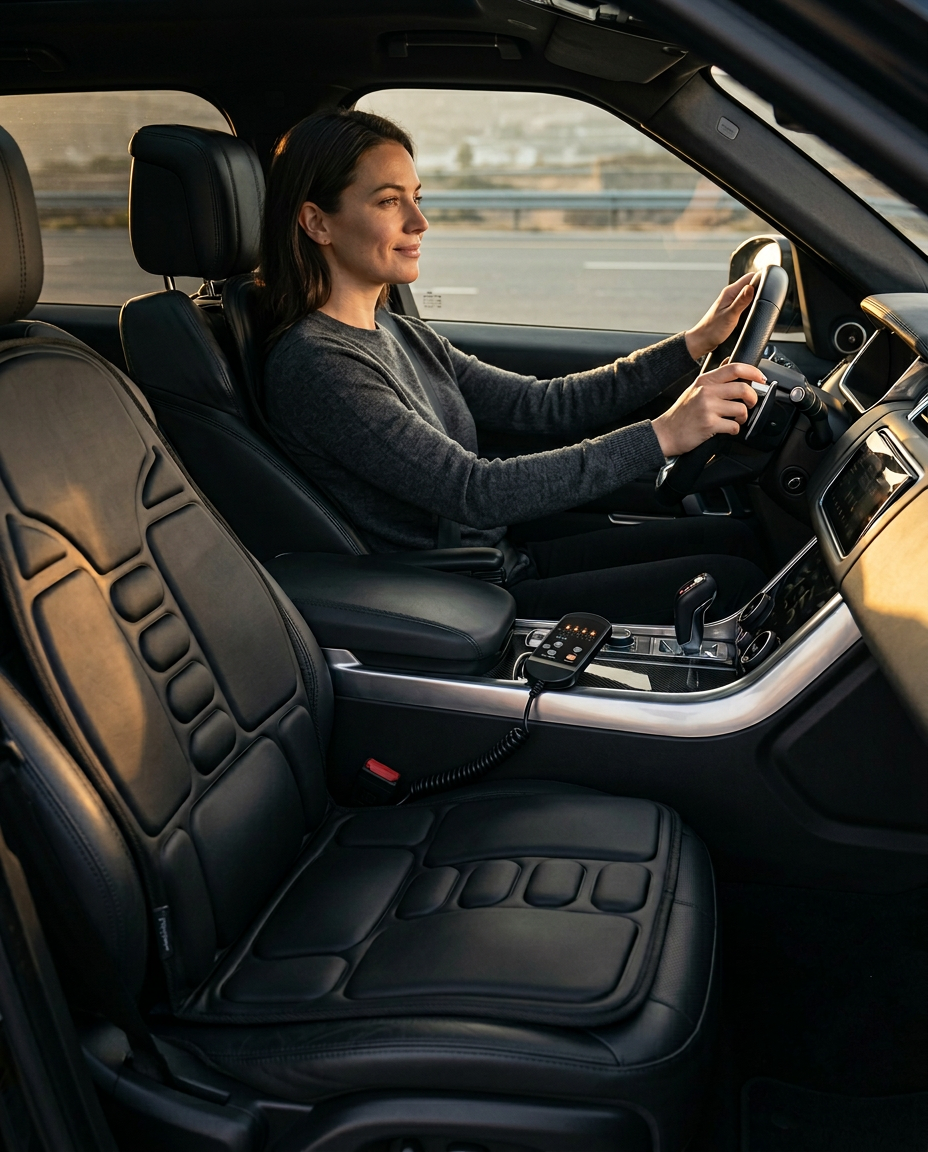 Massage cushion installed on a car seat while a woman drives