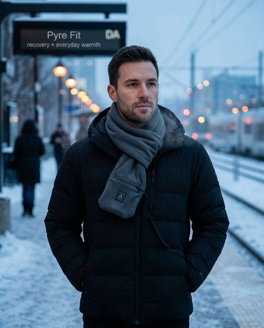 Man on a snowy train platform wearing the grey heated scarf and puffer