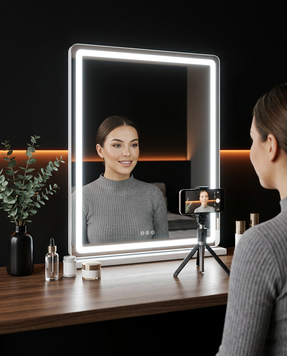 Content creator filming on a phone tripod in front of the bright LED vanity mirror