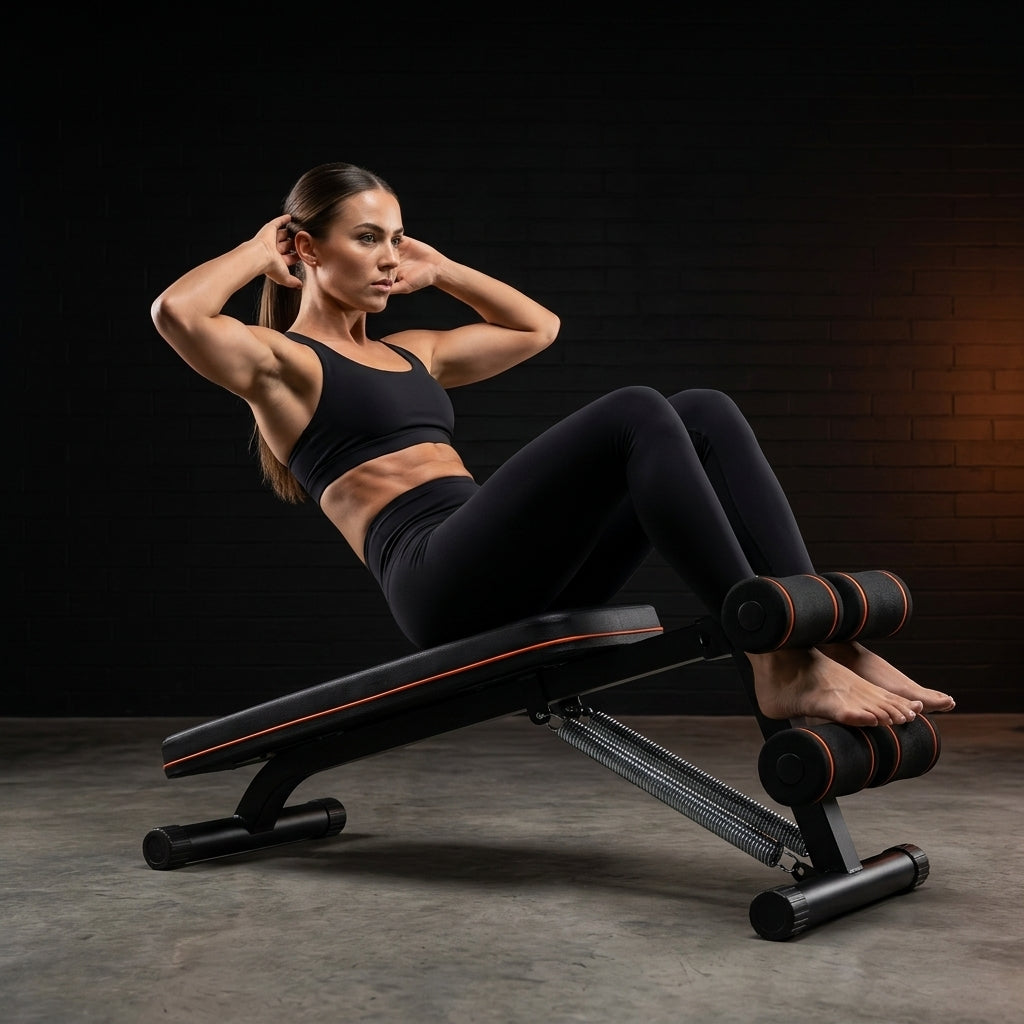 Woman doing core sit-ups on the back stretch bench with ankle rollers