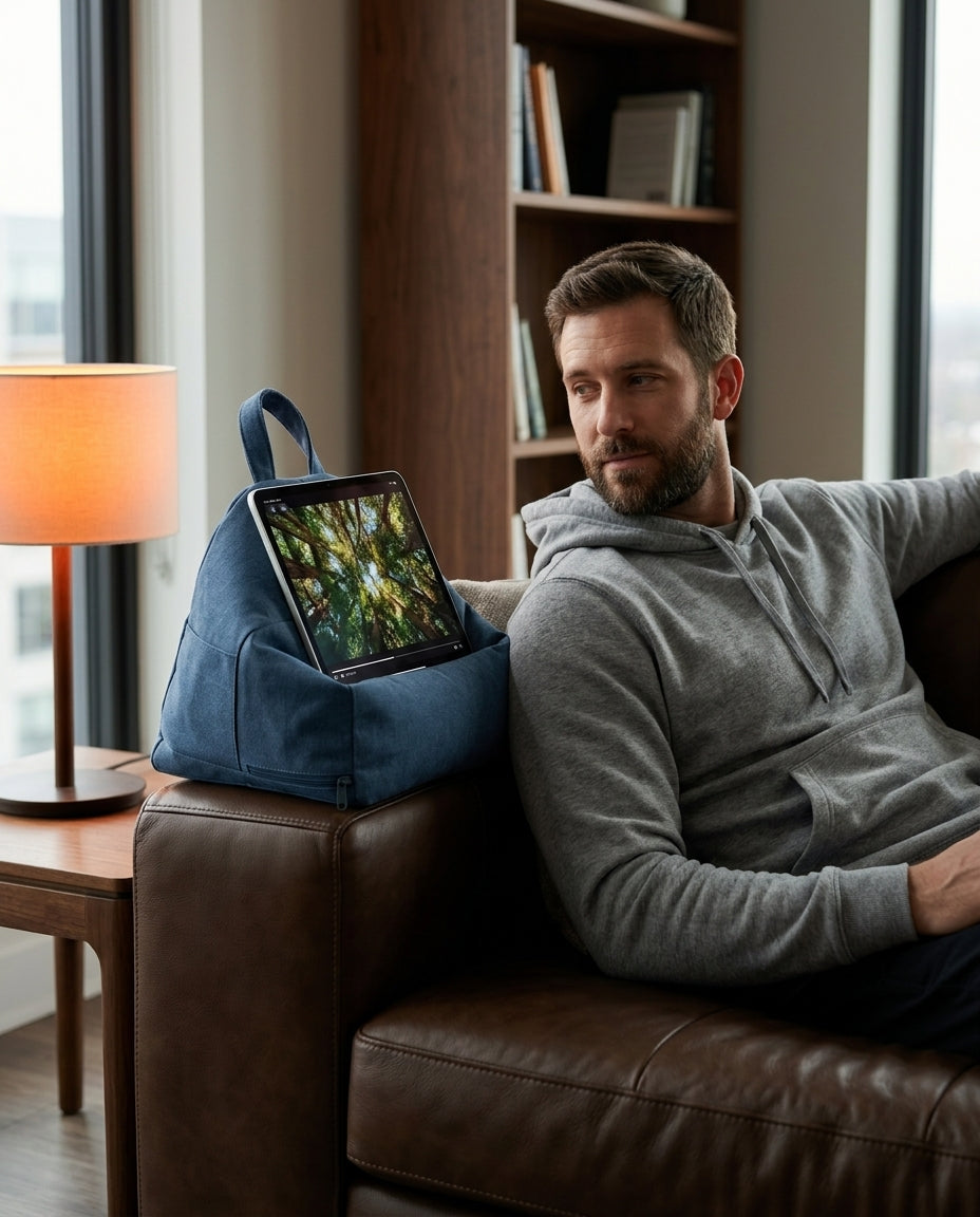 Man on a leather couch beside the blue tablet stand pillow holding a tablet