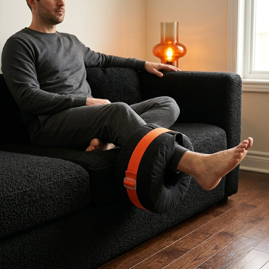 Man on a couch resting his ankle in the elevation cushion, foot extended