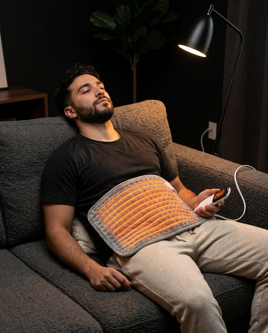 Man relaxing on a couch with the warm heating pad over his stomach