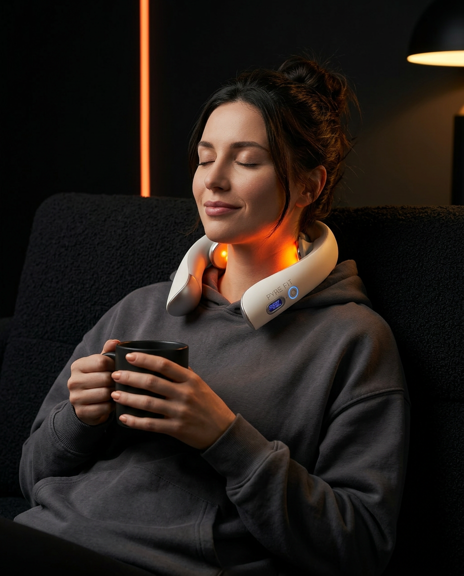 Woman on couch wearing neck massager and holding a warm mug