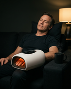 Man relaxing on a couch with his hand inside the heated massager