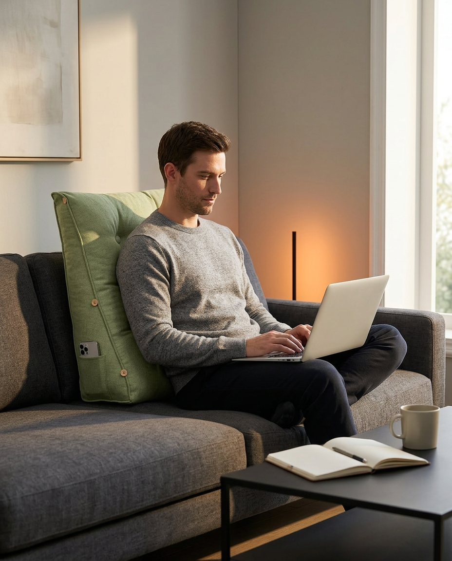 Man on a couch using a laptop leaning against the green backrest cushion