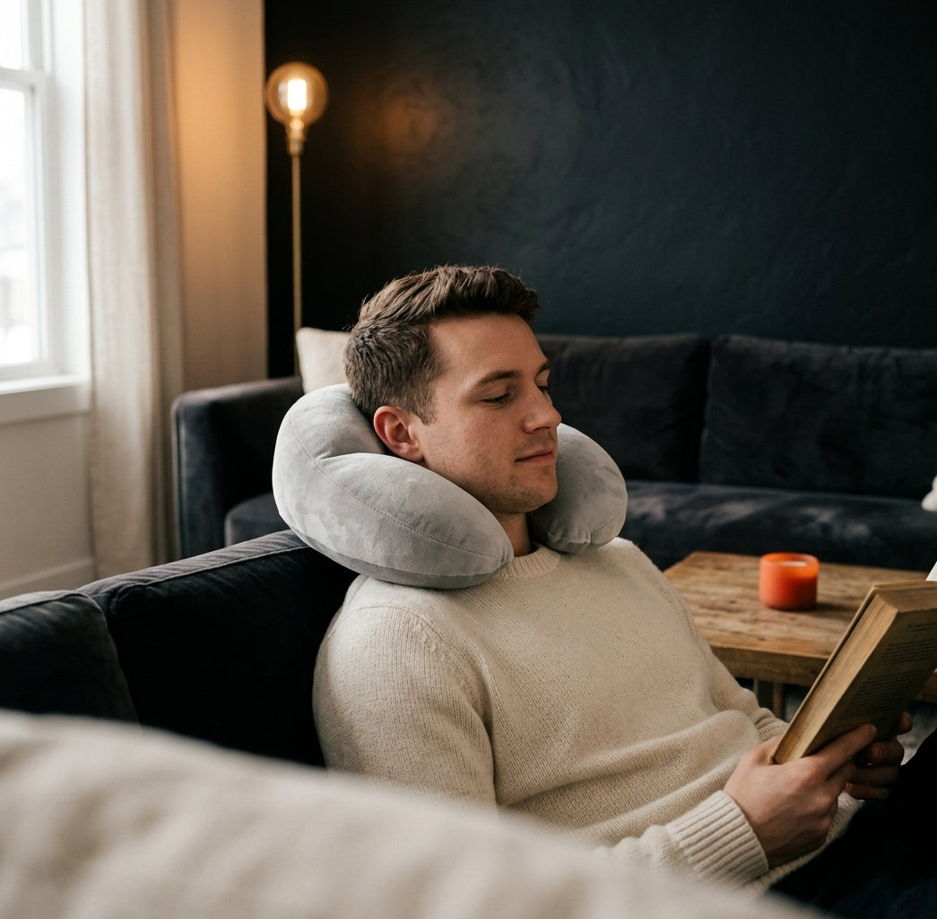 Man reading on couch wearing grey U-shaped neck support pillow in modern living room