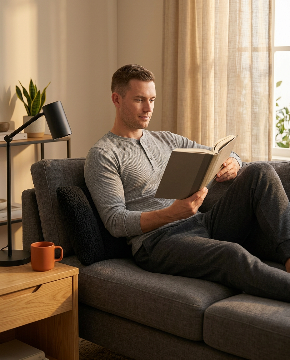 Man reading on a couch with the sherpa lumbar pillow behind his lower back