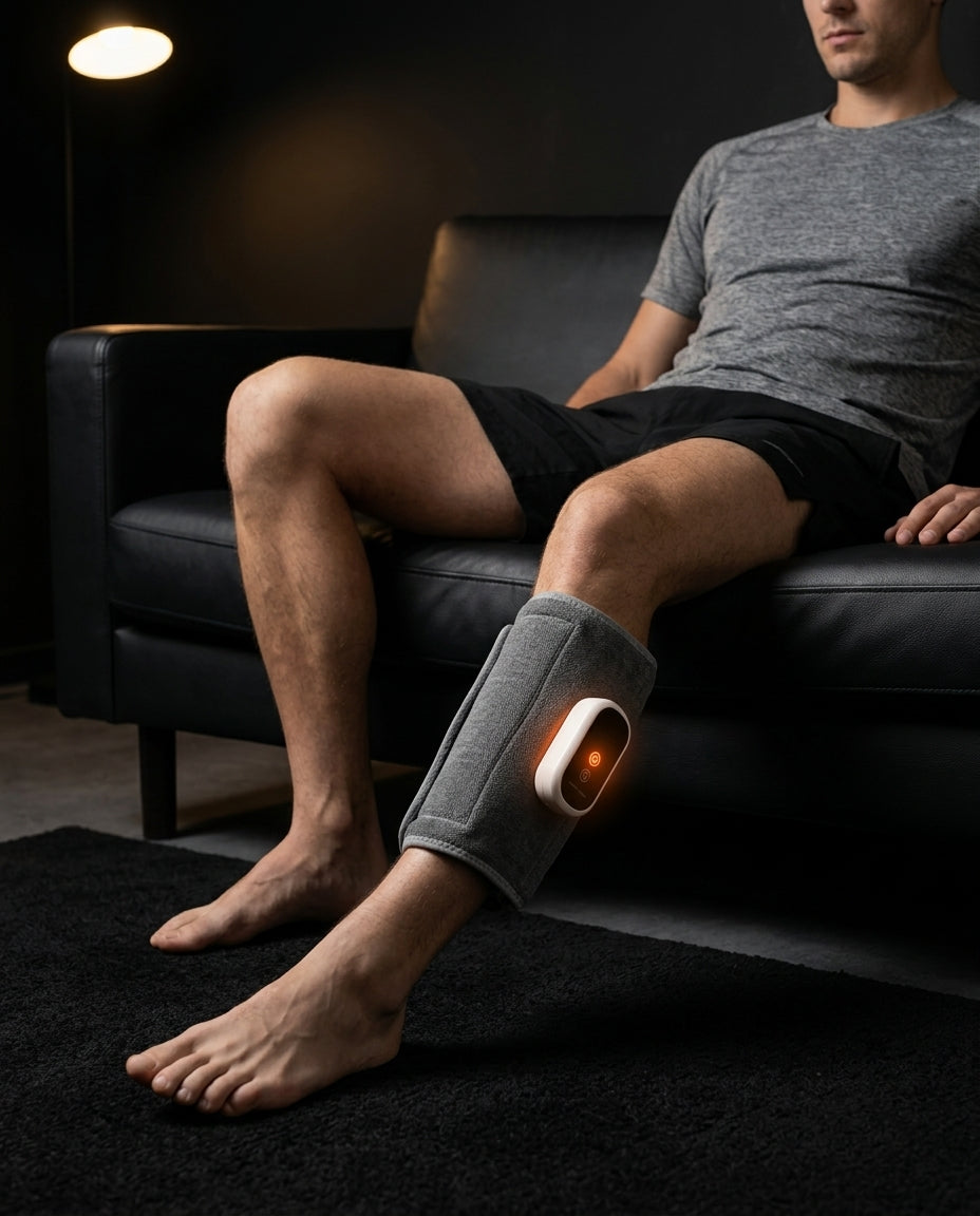 Man on a couch with the calf massager wrapped around his lower leg