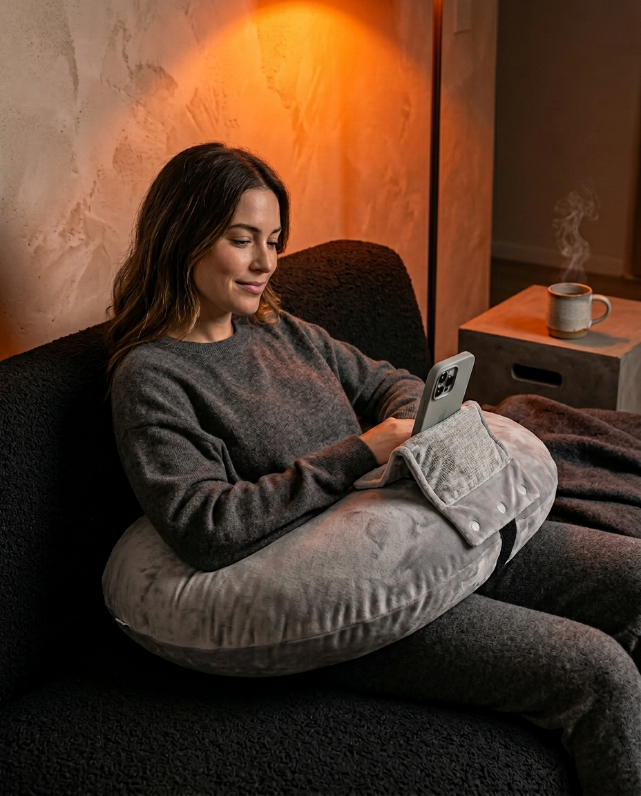 Woman on a couch using the hands-free pillow to scroll her phone in warm light