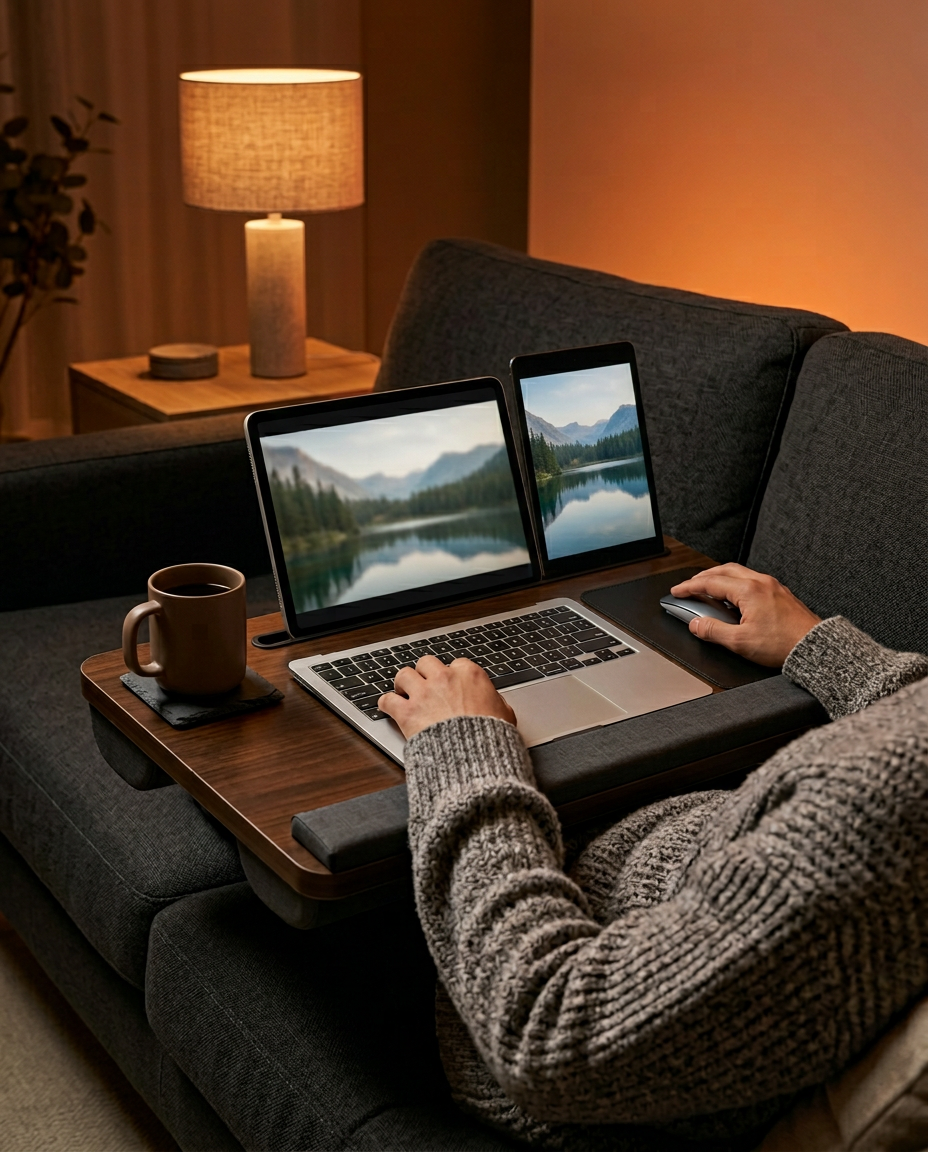Person using the wooden lap desk with laptop and coffee on a couch