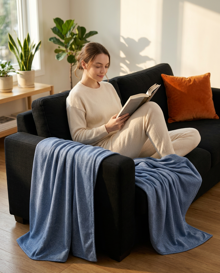 Woman reading on a couch with the blue cooling blanket draped over her legs