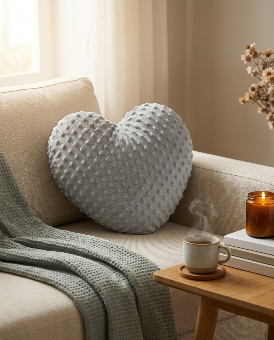 Heart-shaped weighted cushion resting on a cream armchair with a candle