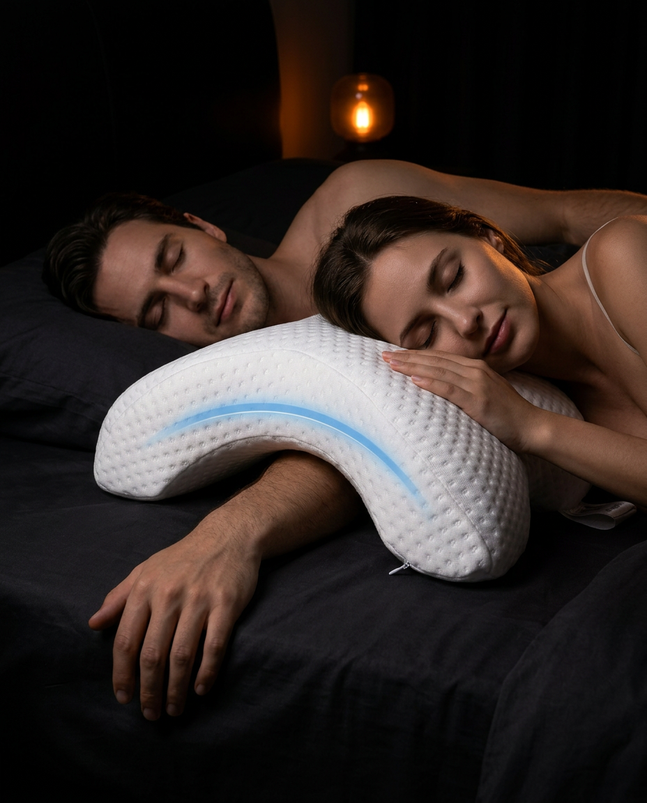 Couple cuddling in bed, his arm through the cuddle pillow's tunnel arch