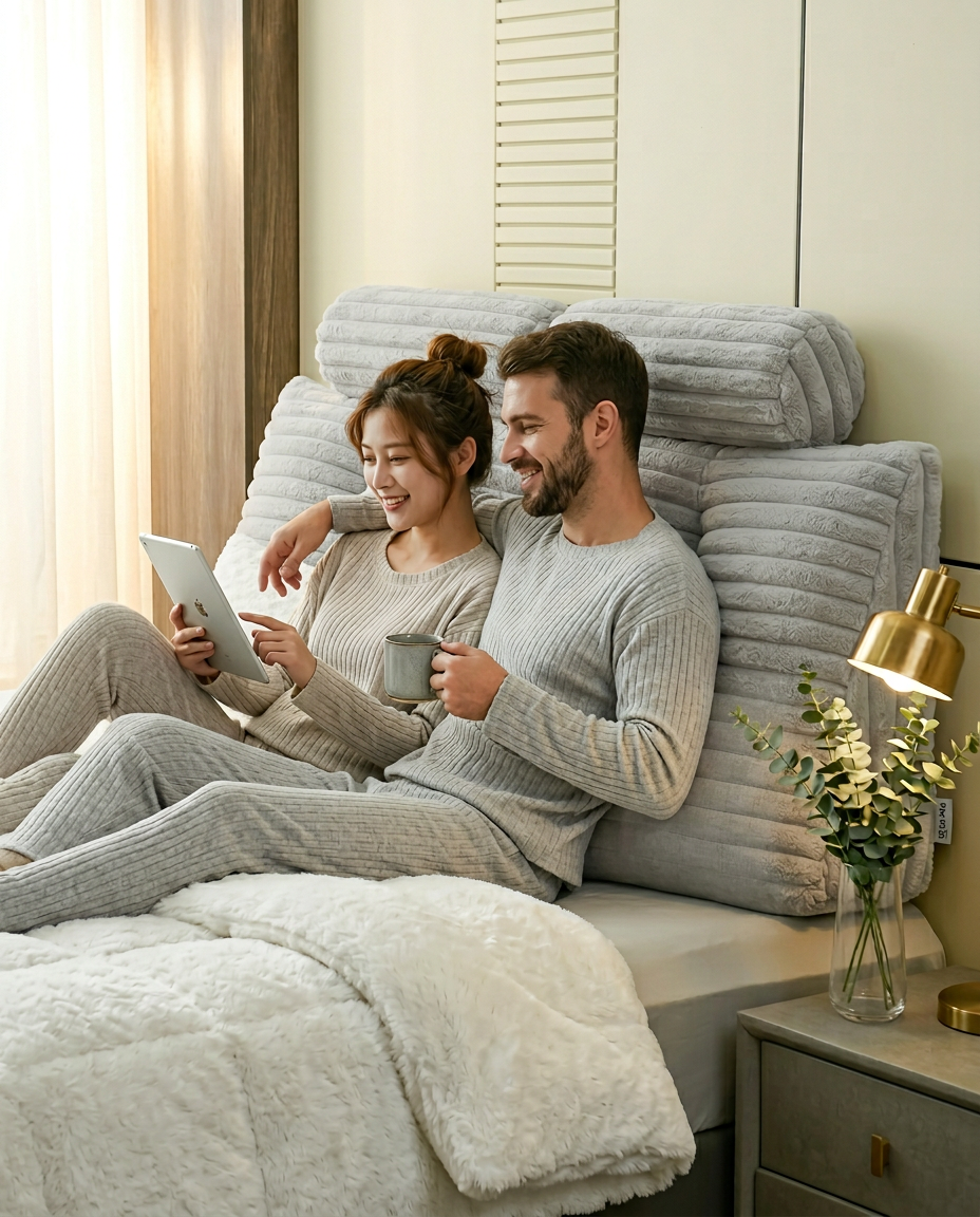Couple lounging in bed against a grey channel-quilted reading wedge pillow