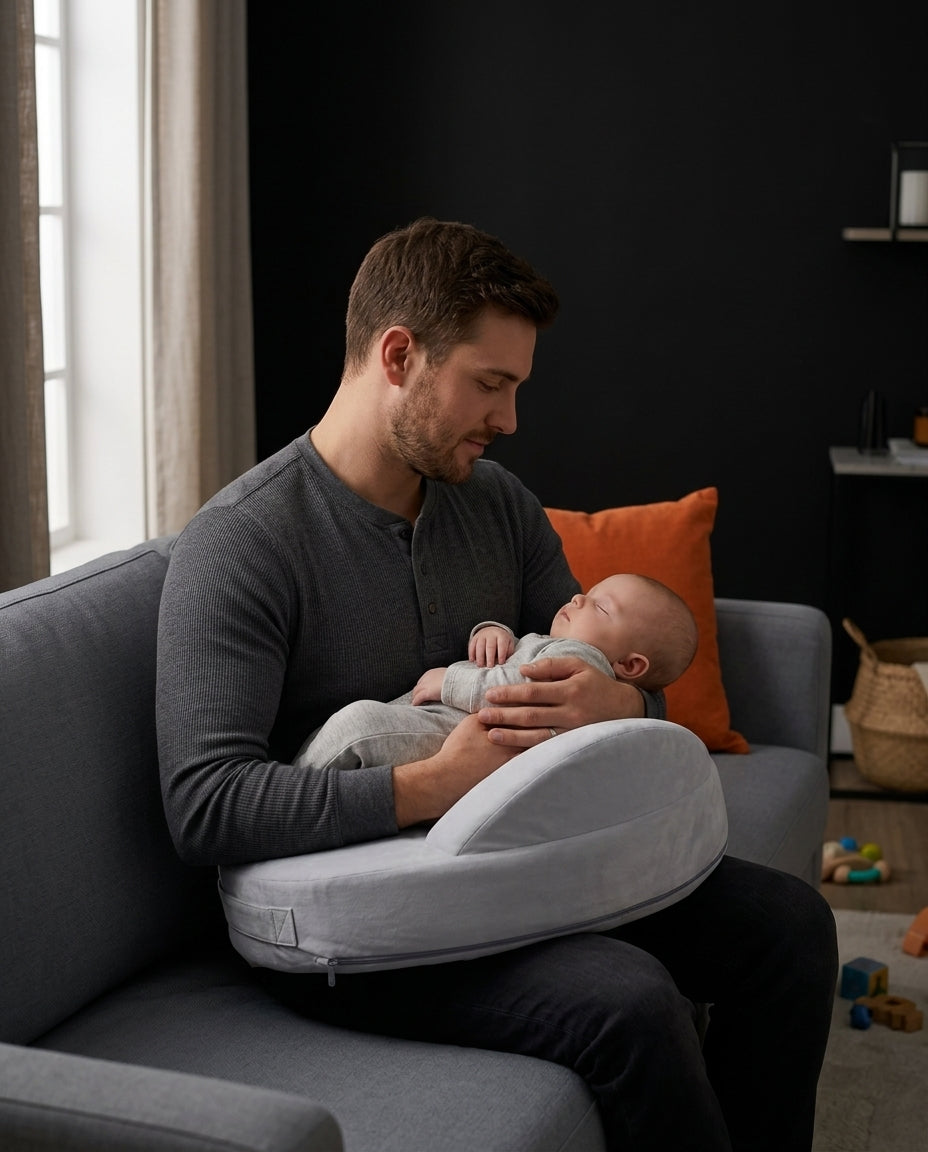 Father cradling a sleeping baby on the grey feeding pillow on a sofa