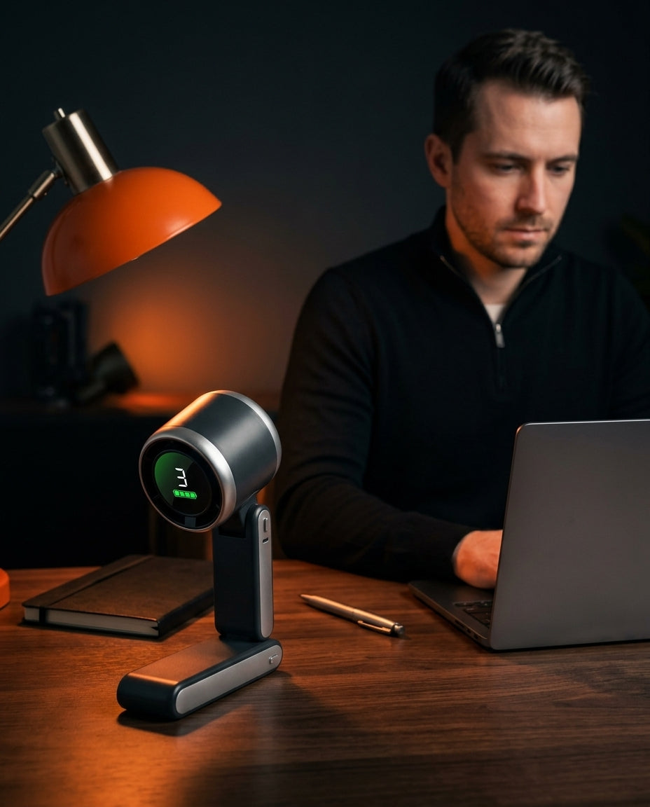 Foldable handheld fan standing on a desk as a man works at his laptop