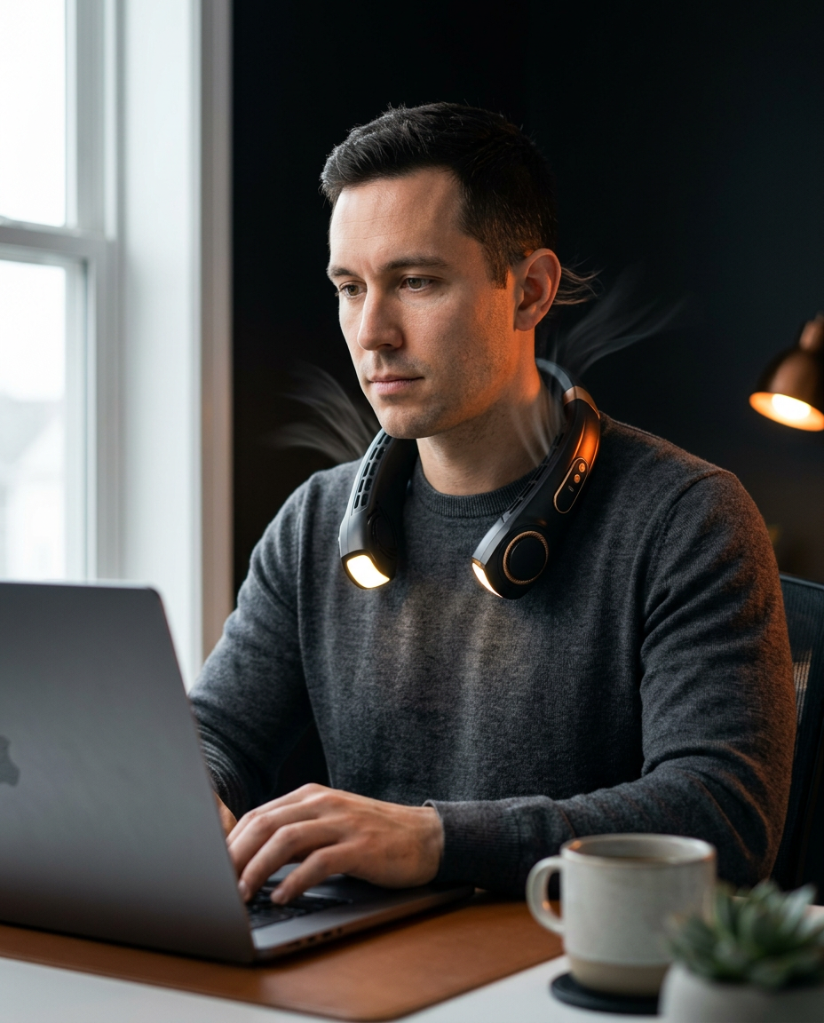 Man working at his desk wearing the portable neck fan around his shoulders