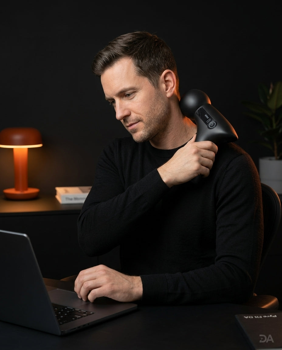Man at his desk using the black massage gun on his neck and shoulder