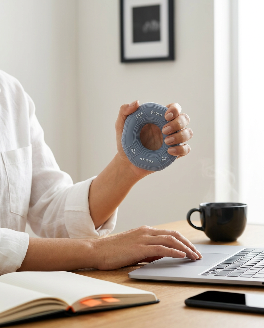 Person squeezing a gray grip ring while working at a desk laptop