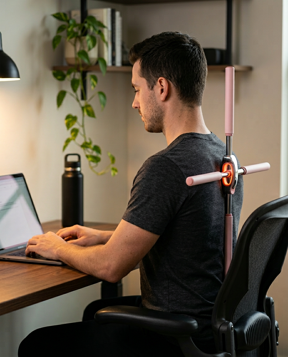 Man at a desk wearing the posture stick across his shoulders while on a laptop