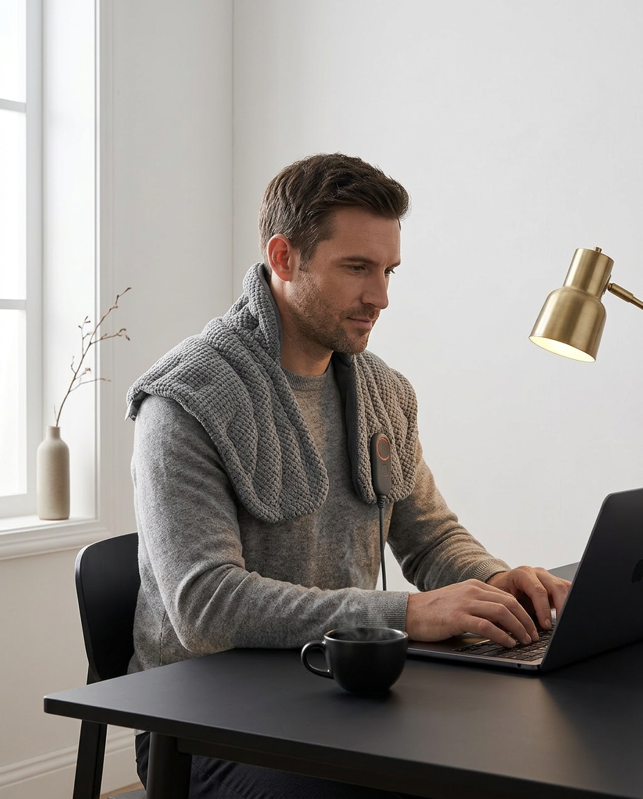 Man working at home desk wearing the heated shoulder wrap over his neck
