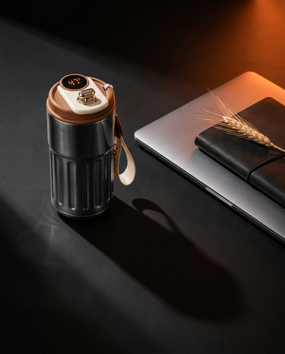 Smart temperature coffee mug on a dark desk beside a laptop and notebook