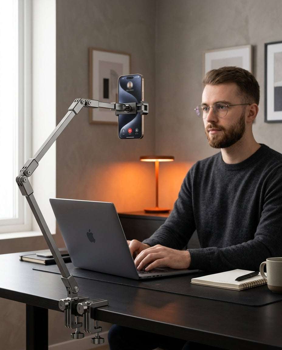 Man at a desk with the phone arm clamped on, holding his phone during a video call