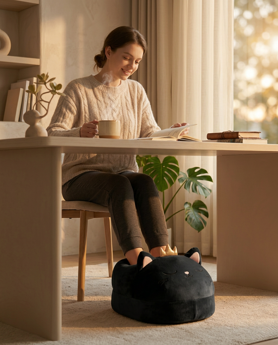 Woman at home desk resting feet in black cat foot warmer