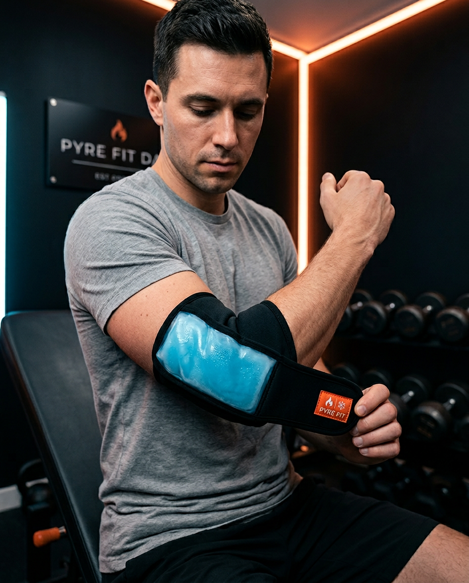 Man at the gym wearing the cooling gel wrap around his elbow