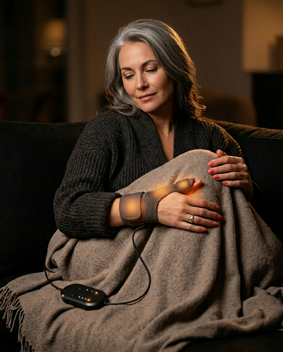 Woman relaxing on a couch with the heated finger wrap on under a blanket